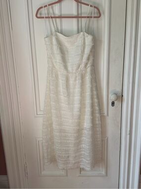 Women’s Ali & Jay “ Maybe Mozza “ White Lace Spaghetti Strap Fitted Midi Dress